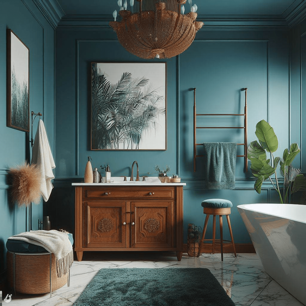 painted bathroom vanity |Teal bathroom walls with a rich wood vanity