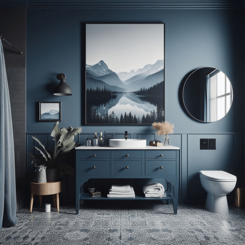 Navy blue bathroom walls with a lighter blue vanity