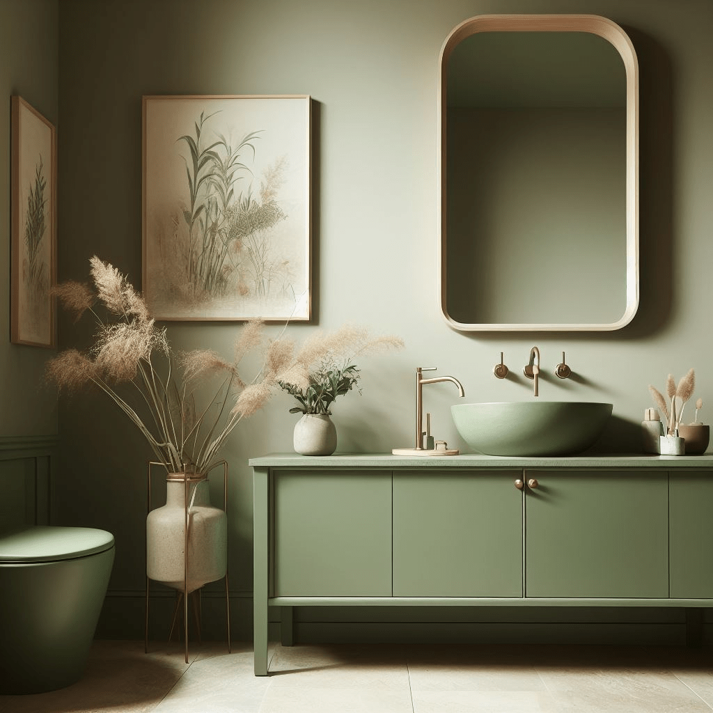 bathroom vanity paint colors  |Green-tinted beige bathroom walls with a moss-green vanity