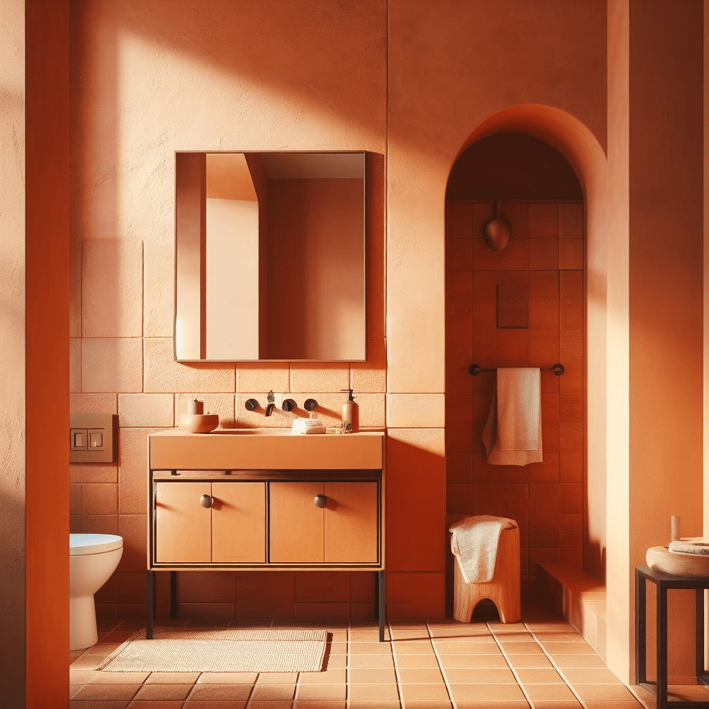 Terracotta bathroom walls with a warm brown vanity