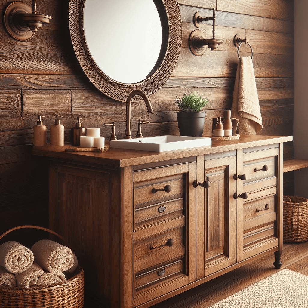 Wood-tone vanity with oil-rubbed bronze fixtures
