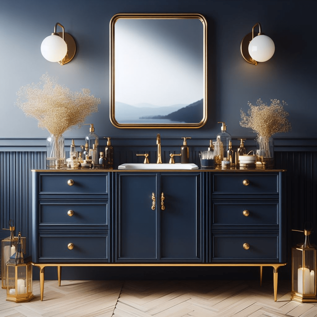 Navy blue vanity with gold fixtures | popular bathroom cabinet colors