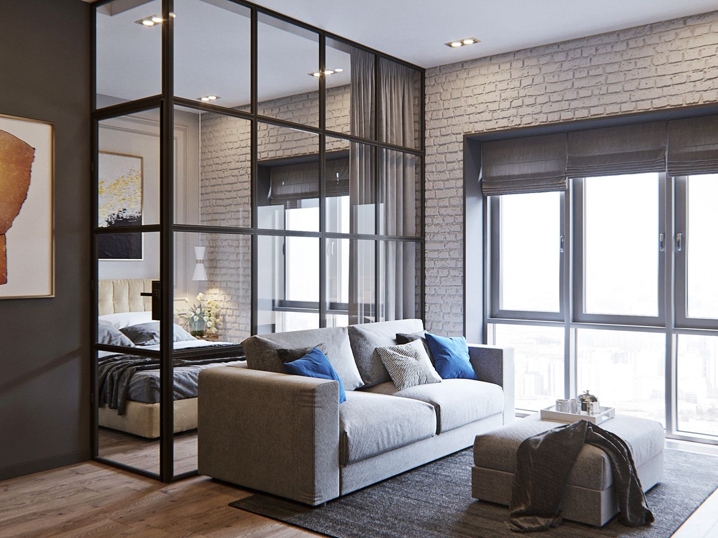 tiny apartment decor ideas| glass-paneled screen