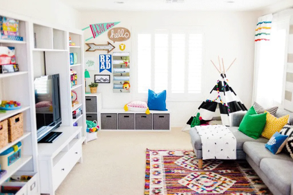 Elevate Your Family Room Game: 20 Ideas You'll Love 17 Playroom Living Room Combo | Family Room