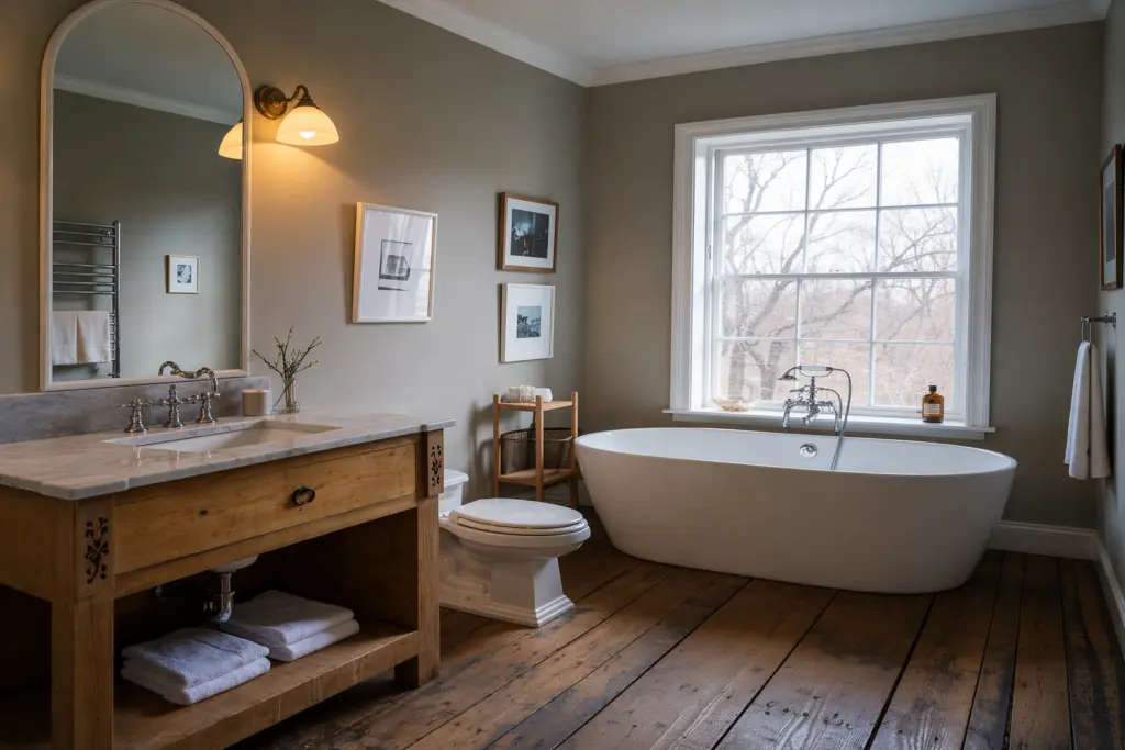 Cozy rustic bathroom with natural light