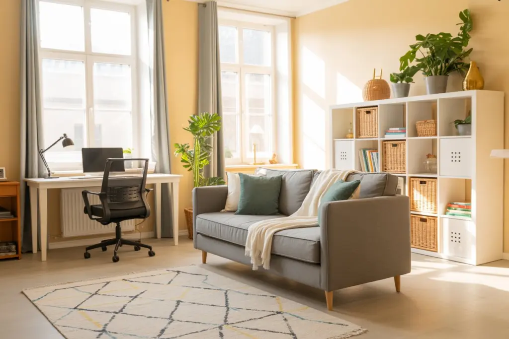 small living room layout with corner desk and tv