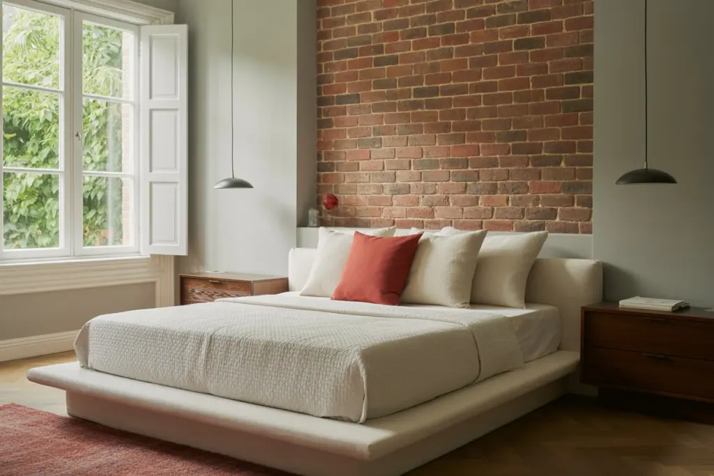 Brick wall bedroom| aesthetic nightstand
