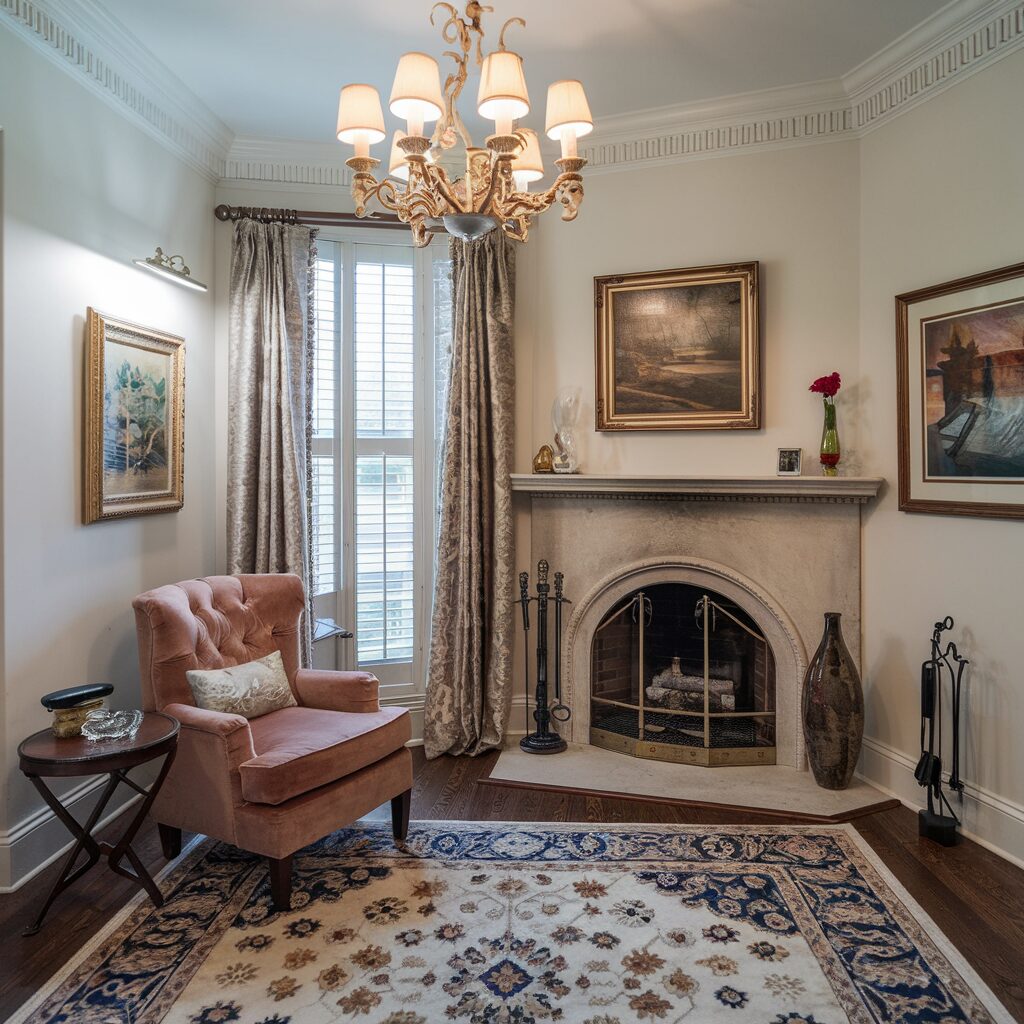 corner fireplace living room arrangement