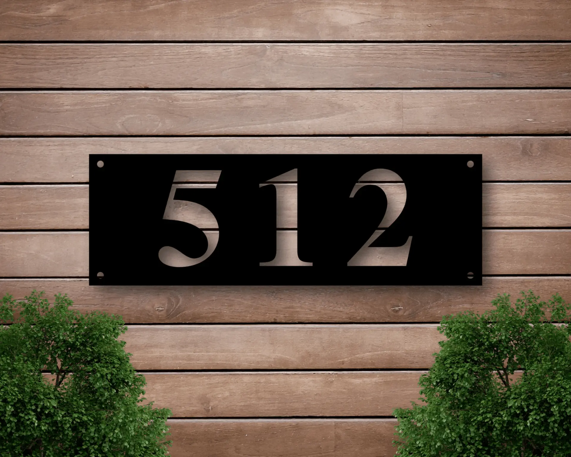 Black house number on wooden wall