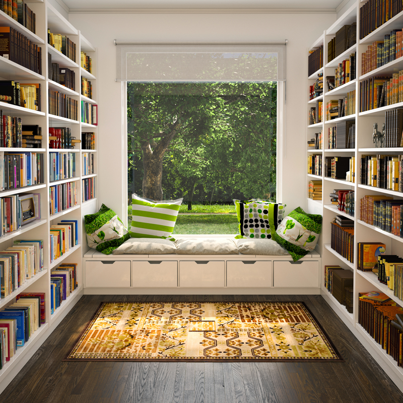 window reading nook, Home Mini Library, Library Interior 