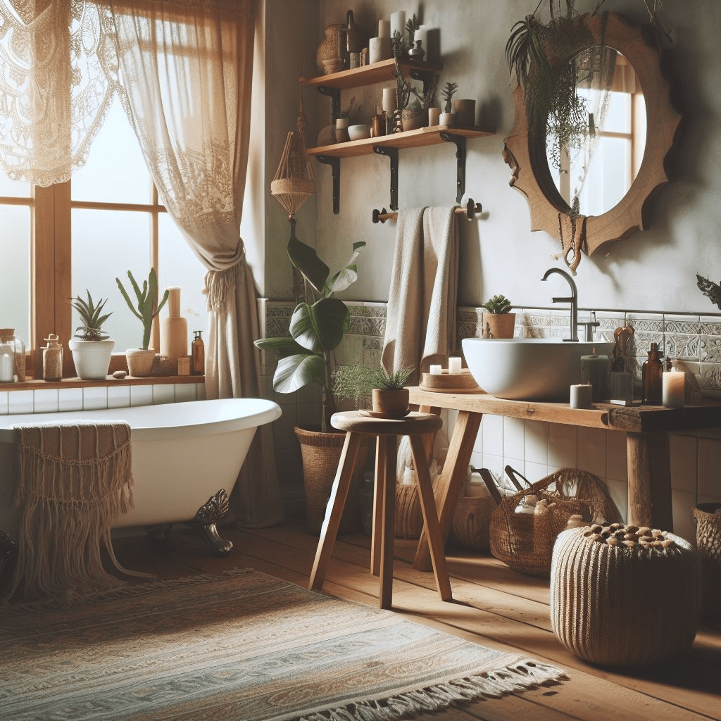boho bathroom| sheer curtains
