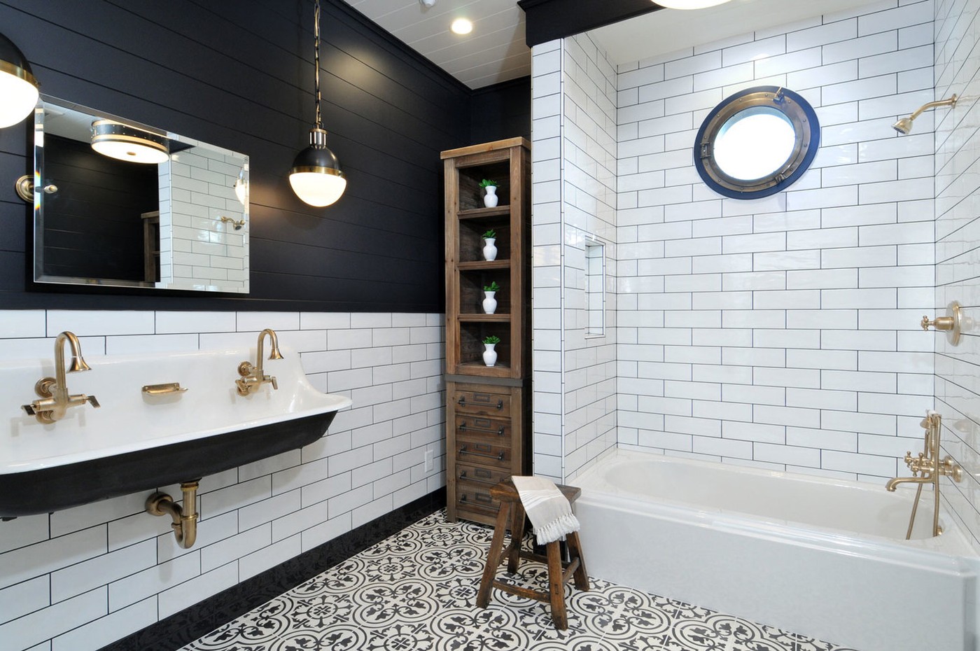  subway tiles|black and white bathroom design
