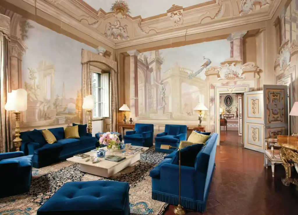 Elegant blue furniture in luxurious setting.