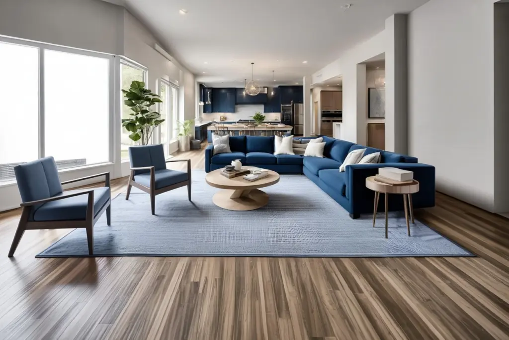 Bright living room with a blue sofa, modern coffee table, and neutral walls showcasing the latest color trends in home décor.