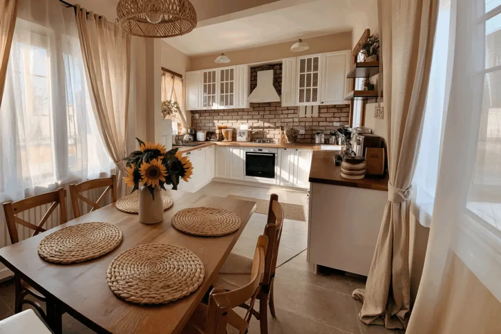 Modern farmhouse boho kitchen with wooden dining table, wicker placemats, sunflowers, and natural light creating a warm, stylish atmosphere.