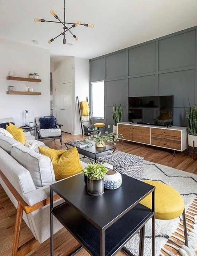 gray room with white accent wall
