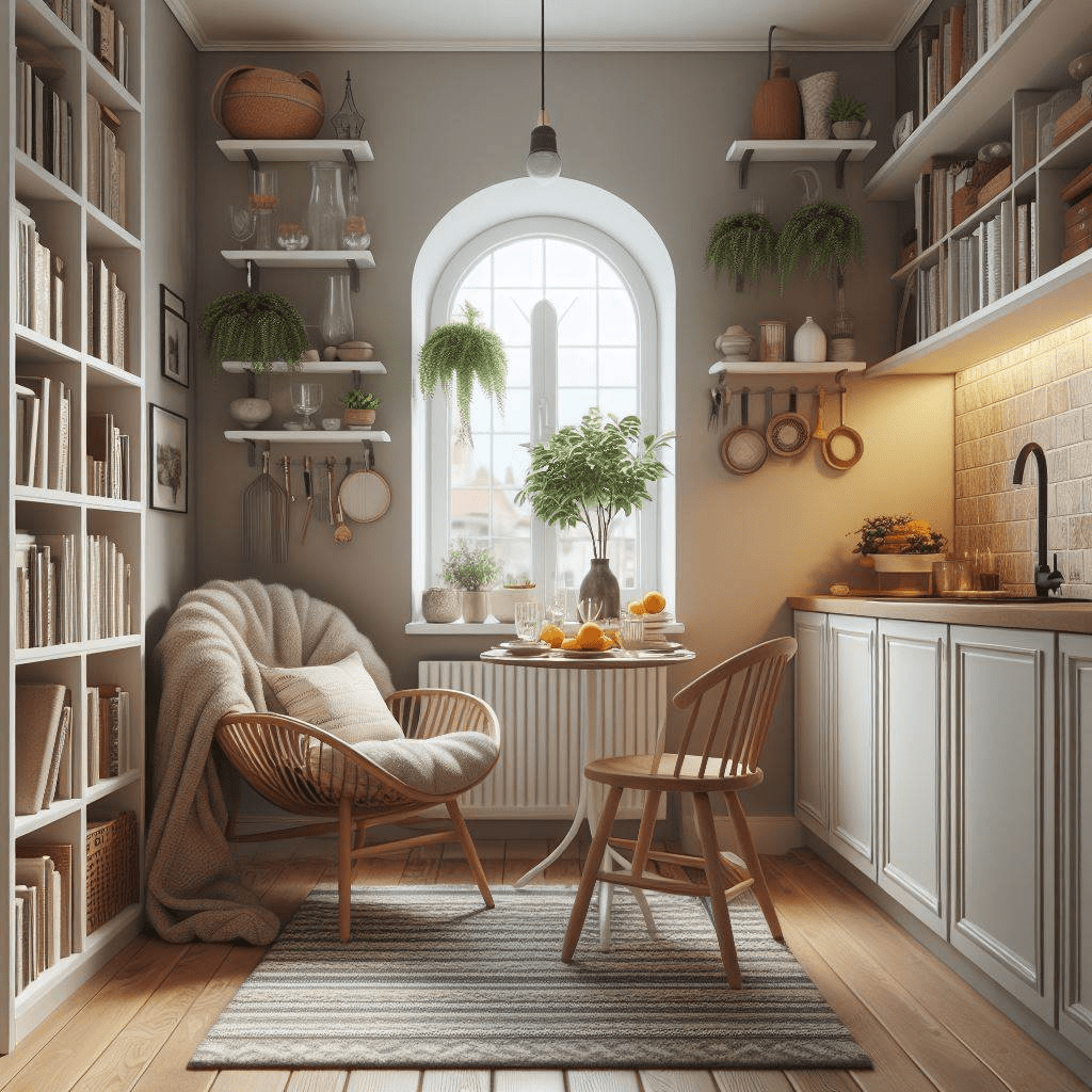 long narrow kitchen with small reading nook 
