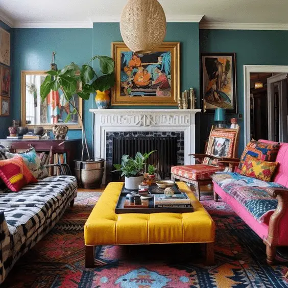 Dive Into The Hottest Current Interior Design Trends! 2 Eclectic Colorful Living Room