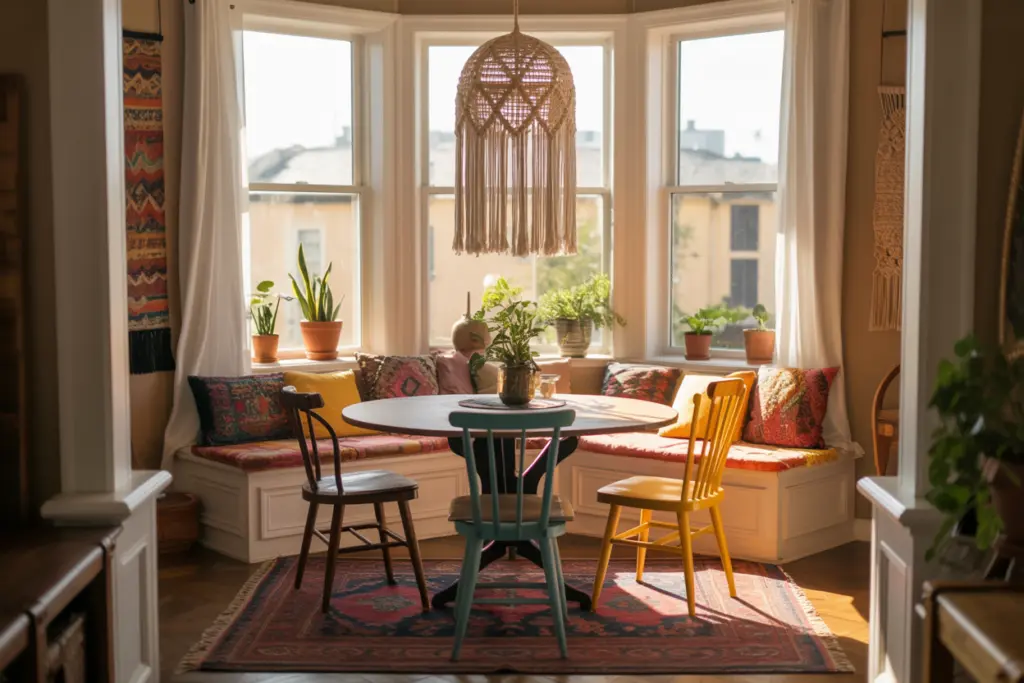 bohemian dining room interior with a Bay Window with