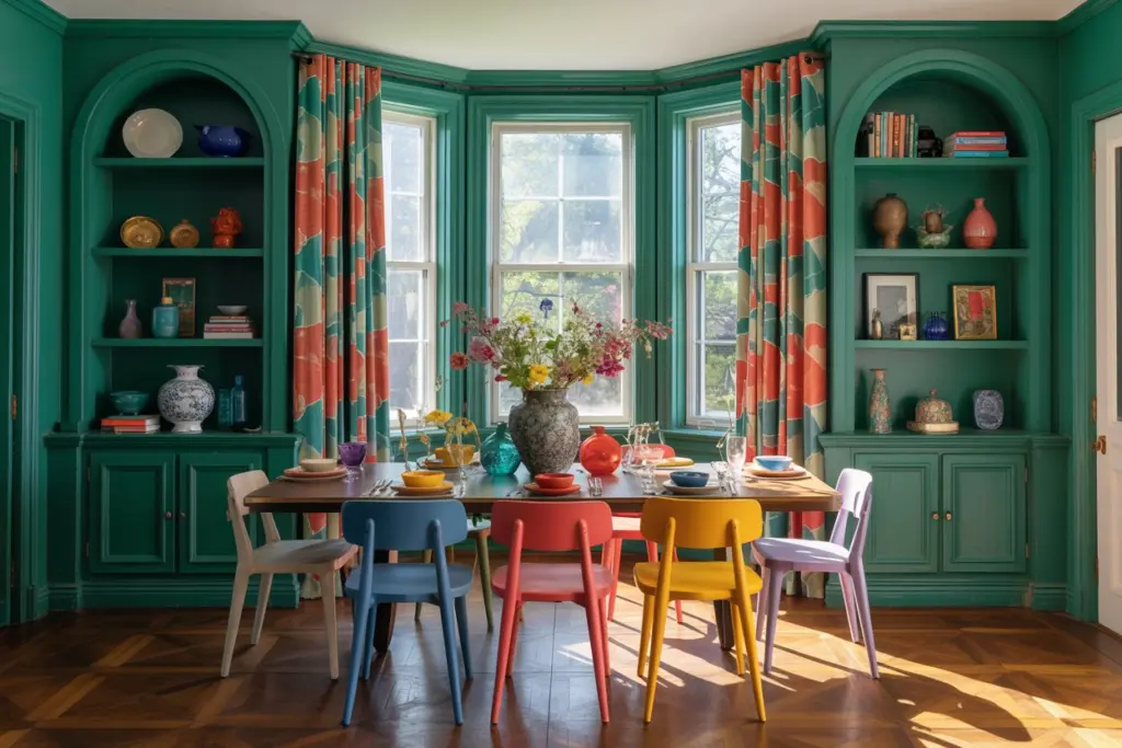 formal dining room with bay window