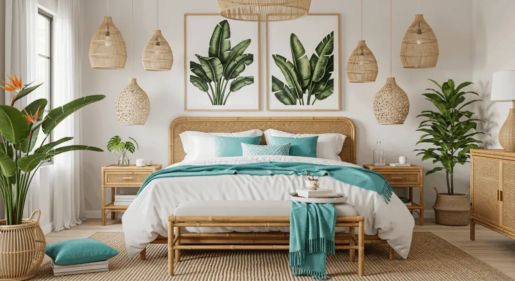 tropical coastal bedroom with rattan furniture and green accents