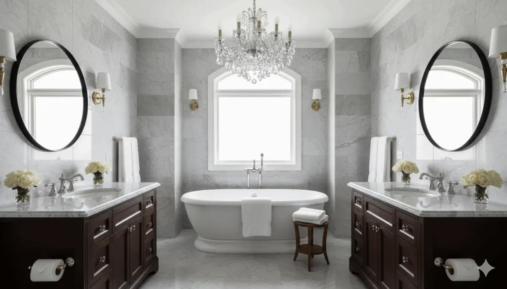 bathroom Remodel with a crystal chandelier and marble countertop