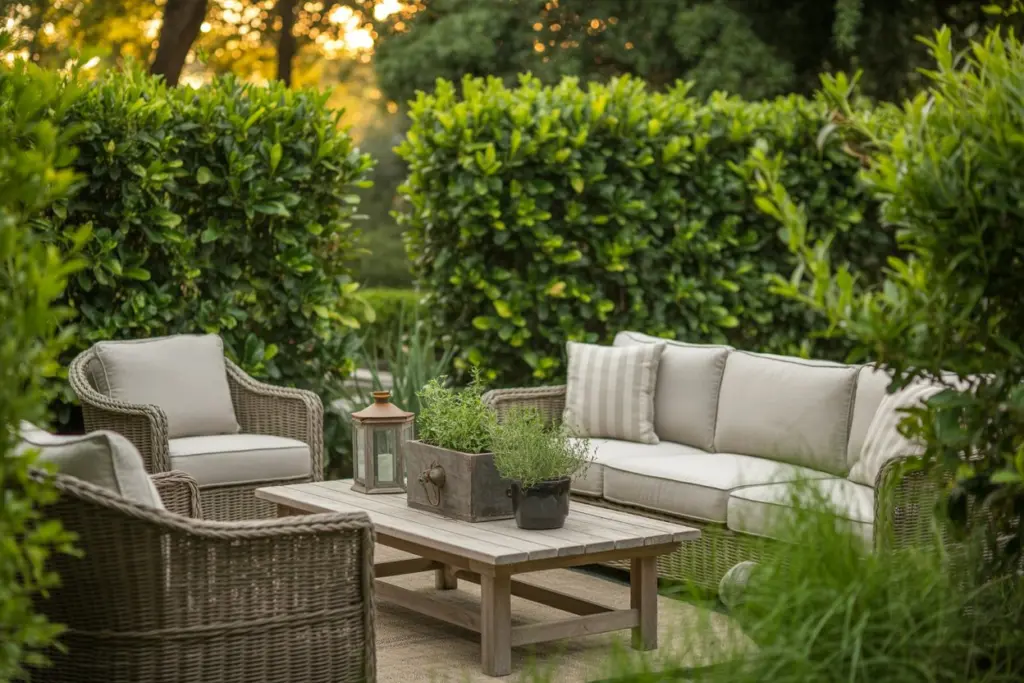 Outdoor Living Room with Hedges
