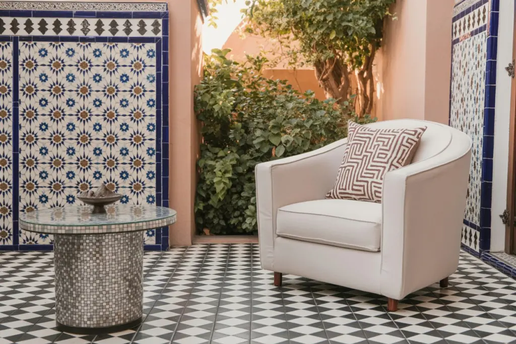 outdoor living room with graphic floor tiles