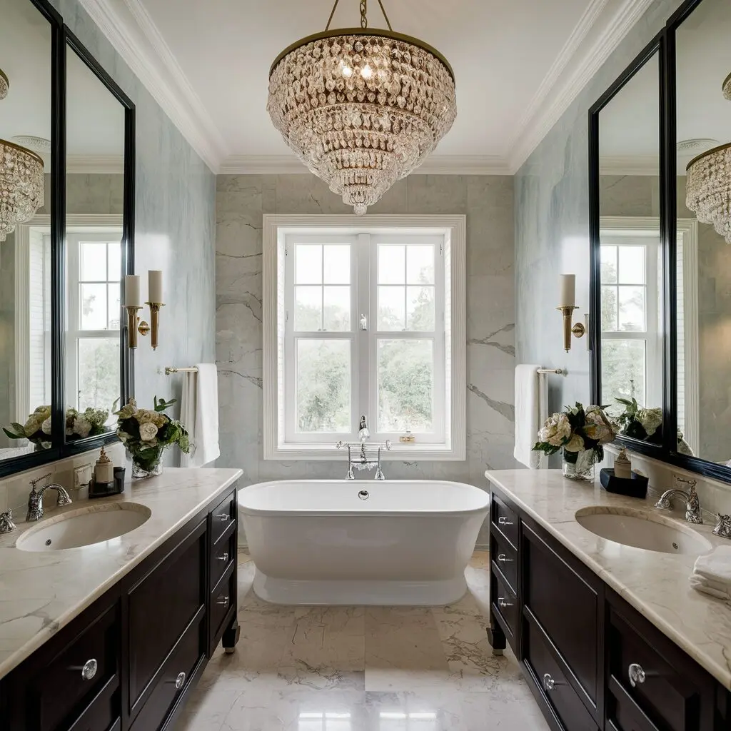 The Best 20+ Bathroom Remodel Ideas To Inspire You ! 15 bathroom Remodel with a crystal chandelier and marble countertop