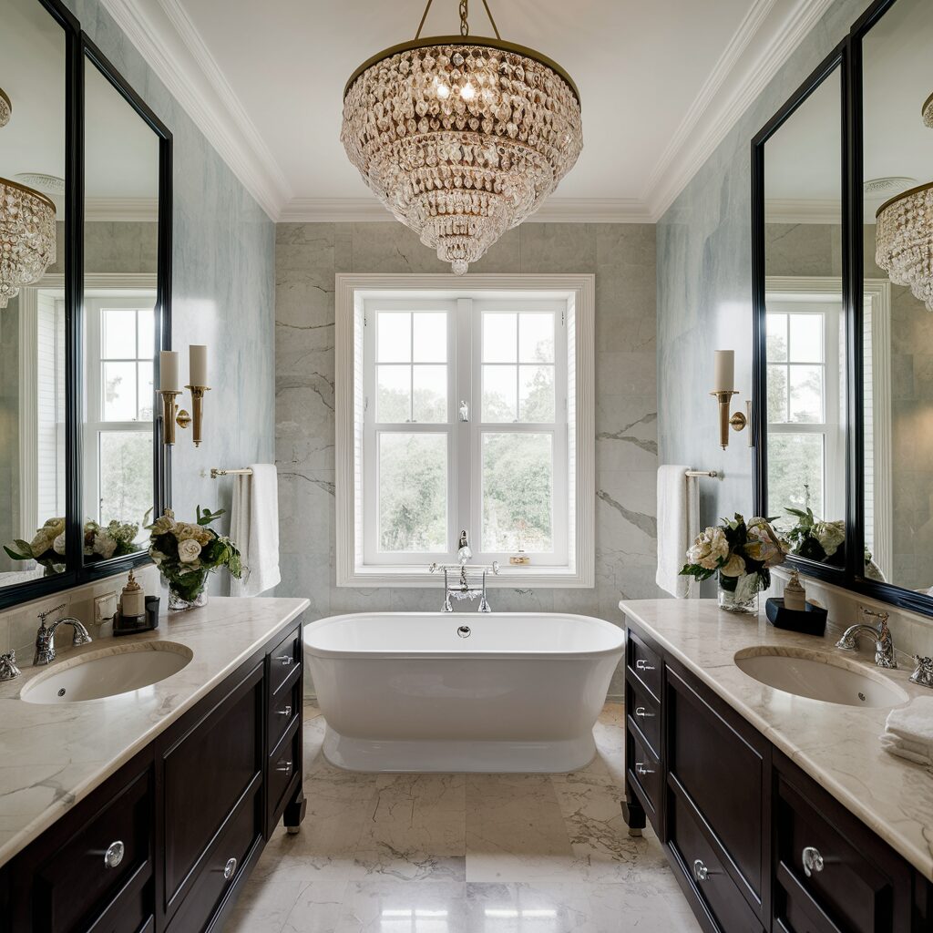 bathroom Remodel with a crystal chandelier and marble countertop