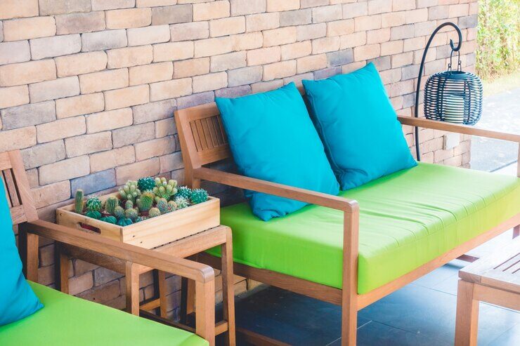 blue and green outdoor living room 