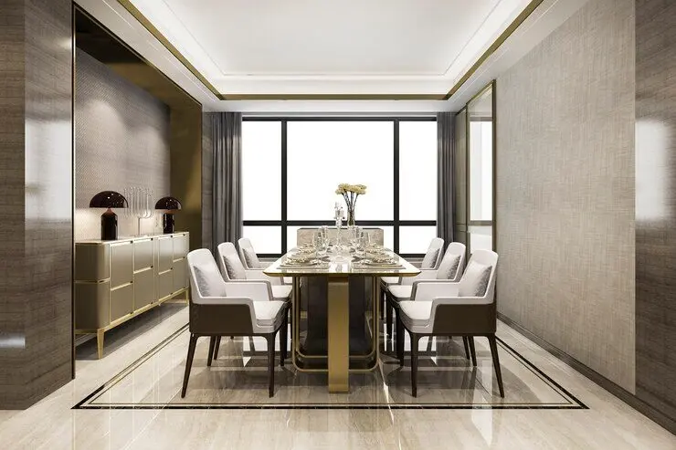  A modern dining room with a tray ceiling