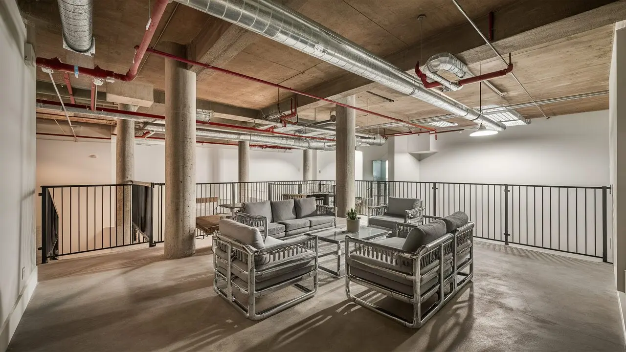 A contemporary loft with exposed pipes and ducts on the ceiling