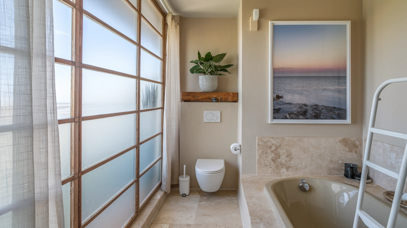 sheer curtains | coastal-bathroom
