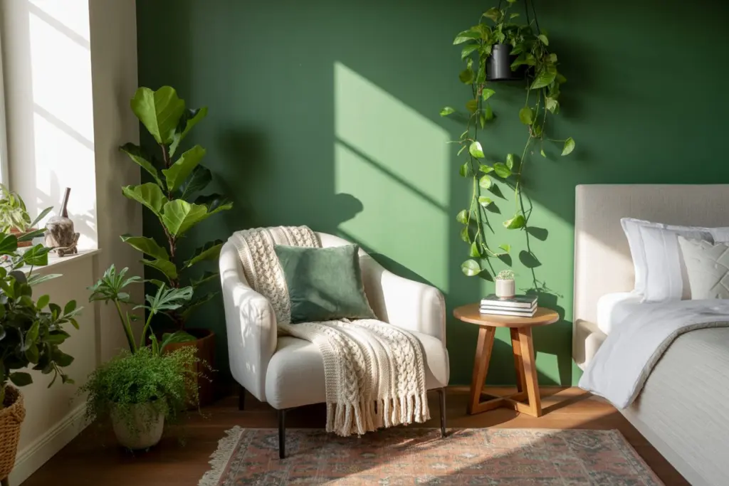 30+ Green Accent Wall Bedroom Ideas for a Cozy and Relaxation Space 21 Green Accent Wall with Indoor Plants