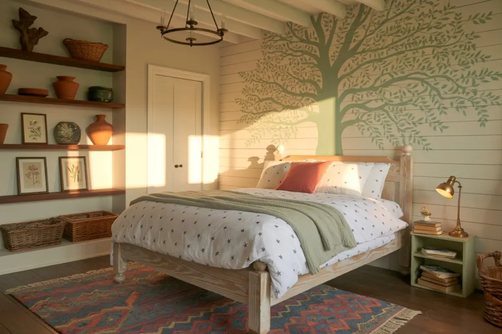 30+ Green Accent Wall Bedroom Ideas for a Cozy and Relaxation Space 27 Green Accent Wall with Farmhouse Charm