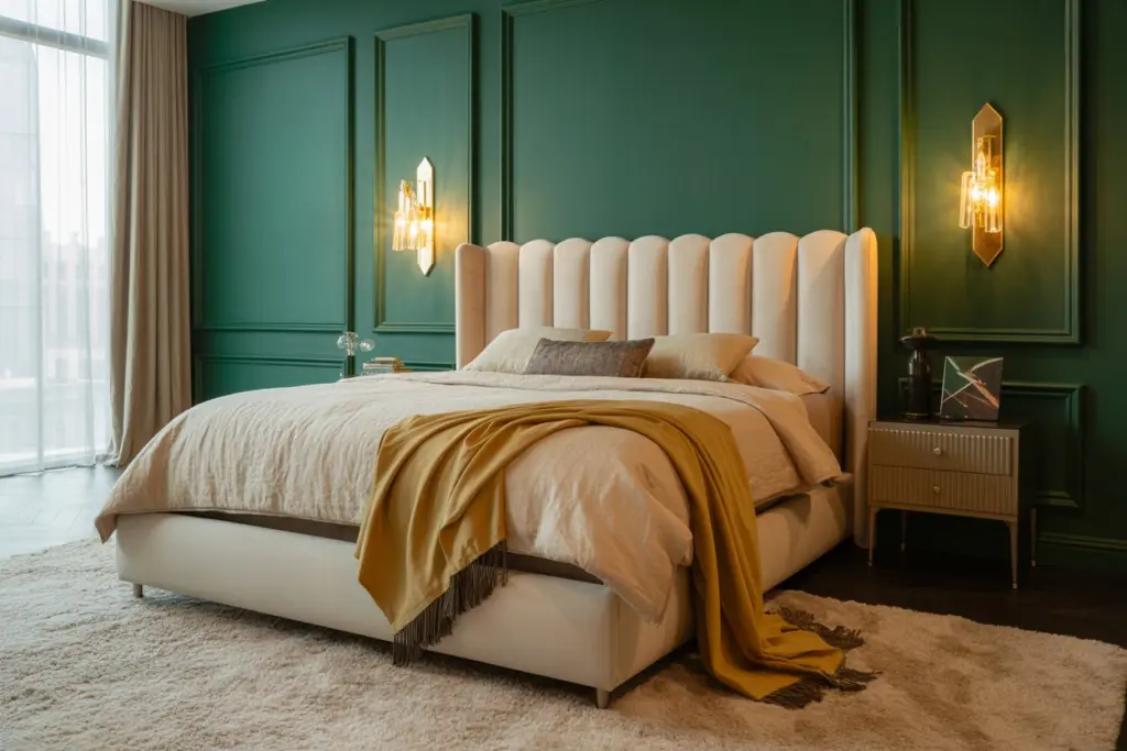 30+ Green Accent Wall Bedroom Ideas for a Cozy and Relaxation Space 9 Emerald Green Accent Wall with Gold Accents