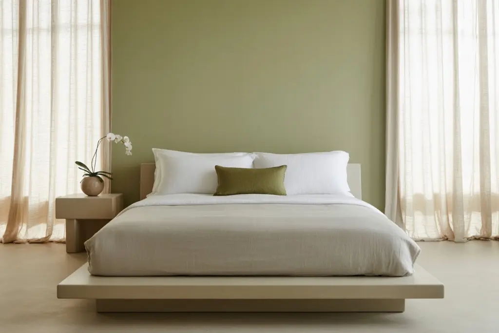 30+ Green Accent Wall Bedroom Ideas for a Cozy and Relaxation Space 29 Modern Minimalism bedroom