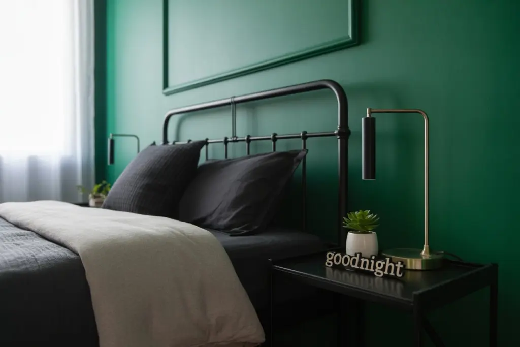 30+ Green Accent Wall Bedroom Ideas for a Cozy and Relaxation Space 18 Green Accent Wall Paired with Black Accents