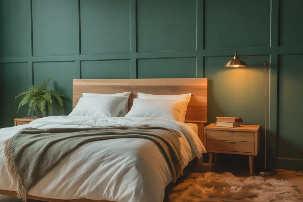 30+ Green Accent Wall Bedroom Ideas for a Cozy and Relaxation Space 12 Forest Green Accent Wall with Wooden Furniture