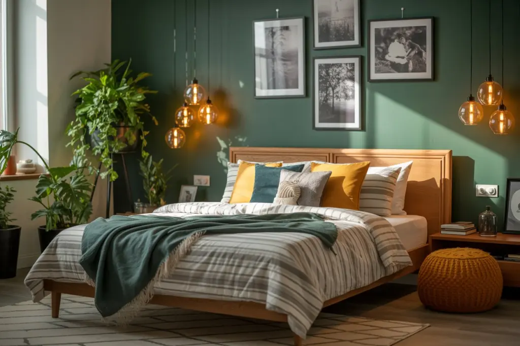 30+ Green Accent Wall Bedroom Ideas for a Cozy and Relaxation Space 24 Green Accent Wall with Artwork Gallery