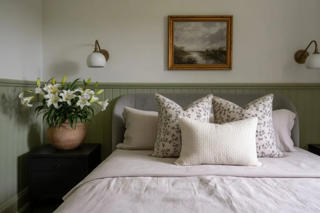 30+ Green Accent Wall Bedroom Ideas for a Cozy and Relaxation Space 22 Green Accent Wall Featuring Wainscoting