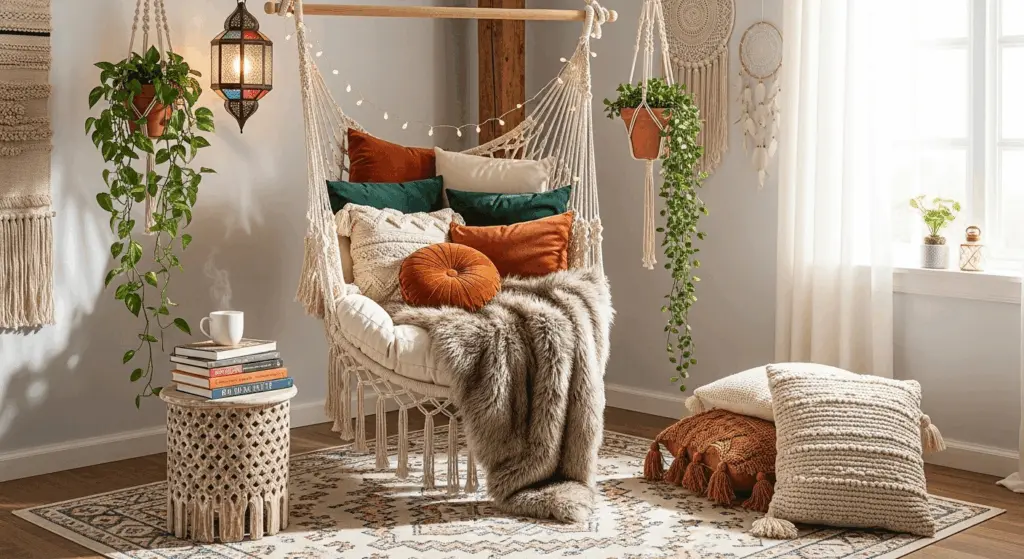 Stunning 20+ Boho Reading Nook Designs for Book Lovers 3 hanging swing chair in boho reading nook