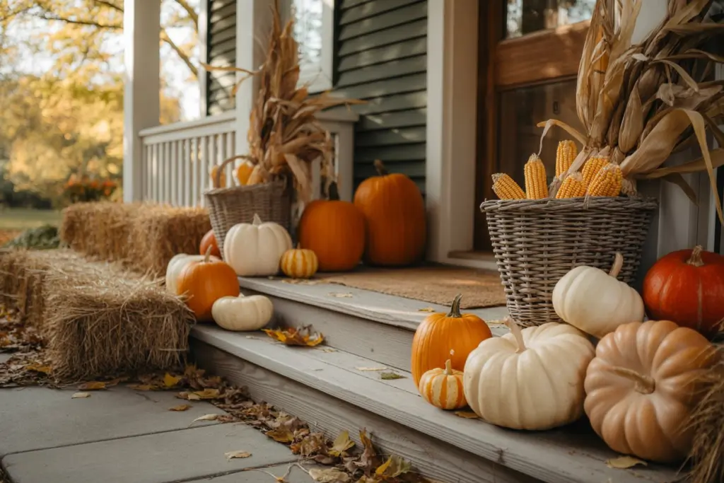 25+ Front Porch Fall Decor Ideas That Make Your Home More Welcoming 3 Front Porch Fall Decor with Pumpkins and Gourds Combo