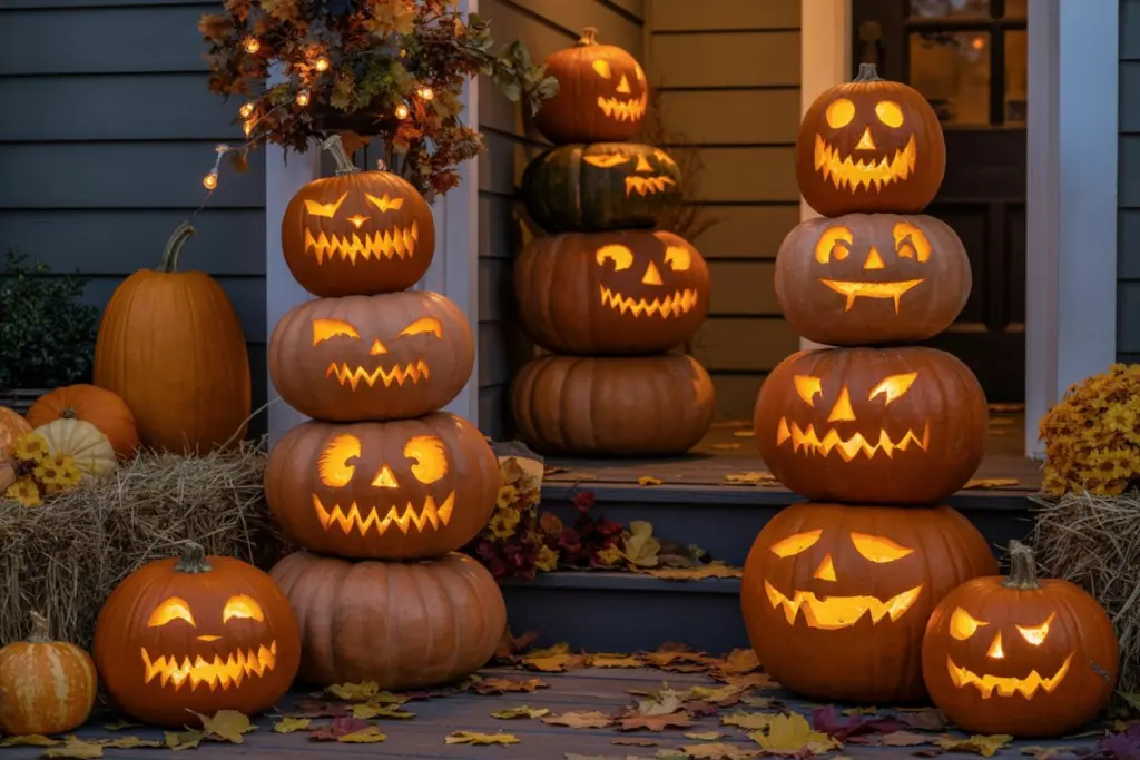 30 Easy DIY Halloween Decorations That Anyone Can Do 9 Front Porch Pumpkin Towers