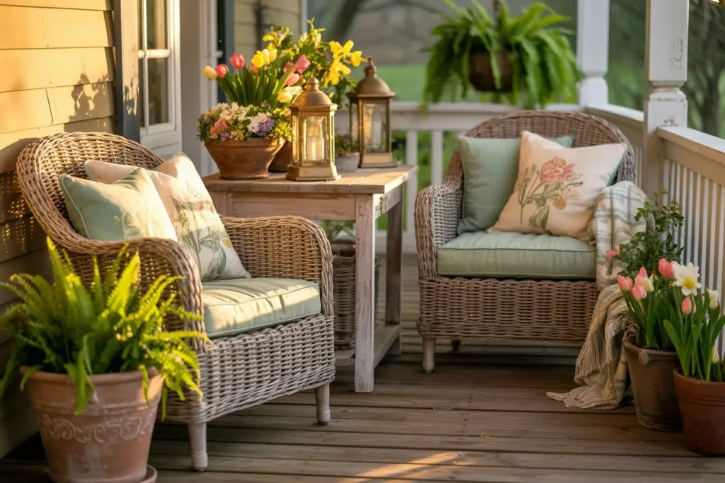 Cozy spring porch seating nook with wicker chairs and cushions