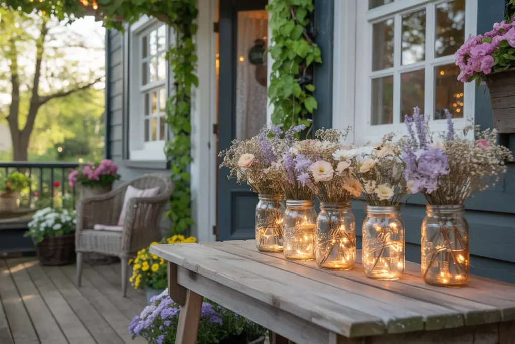 Decorative lantern jars with lights on porch