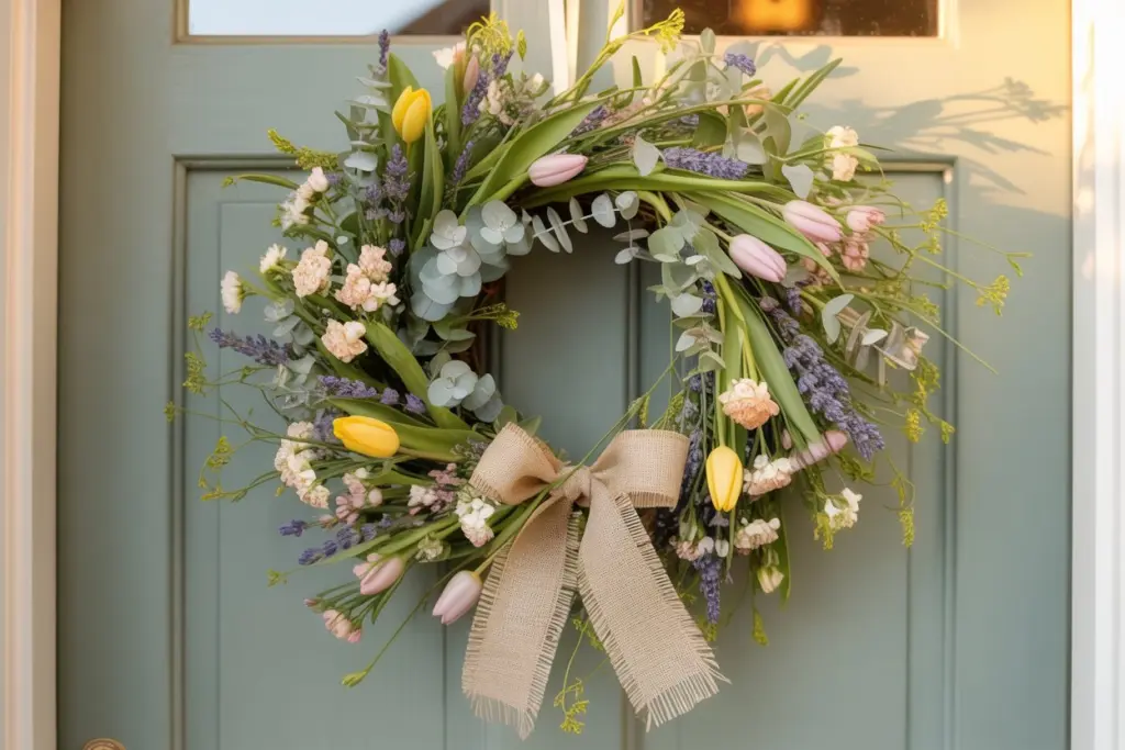 Spring front porch with garden fresh floral wreath on wooden door