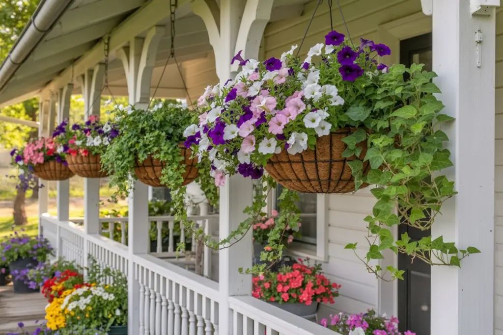 Hanging flower baskets decorating spring porch