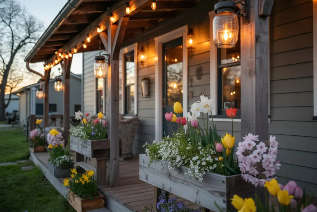 Decorative lanterns lighting a spring front porch